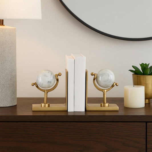Bookends Set of 2 - Gold Marble Globe Sculpture, 11 in.