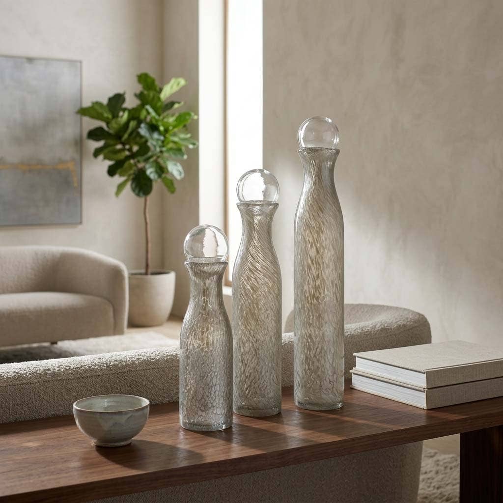 Decorative Bottles Set of 3 - Tan Glass Lidded, 14/19/22 in.