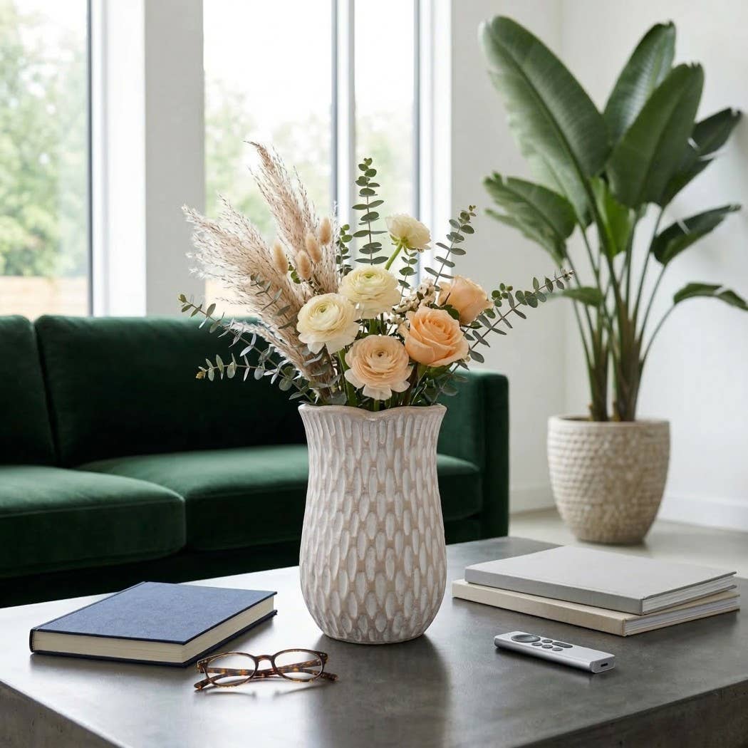Decorative Vase - Ivory Ceramic Textured Patterned, 12 in.