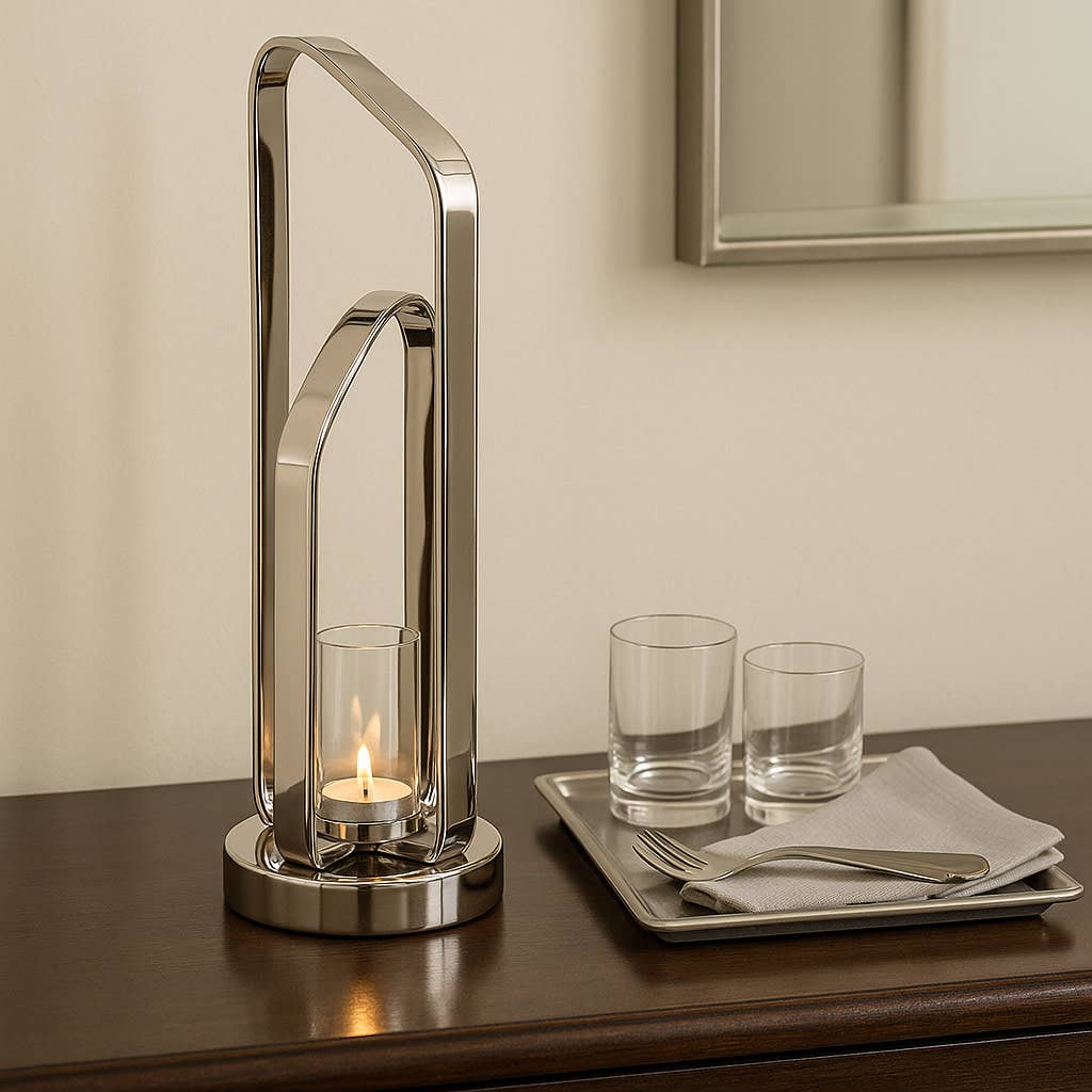 Candle Holder - Silver Metal Stylish Hurricane, 21 in.