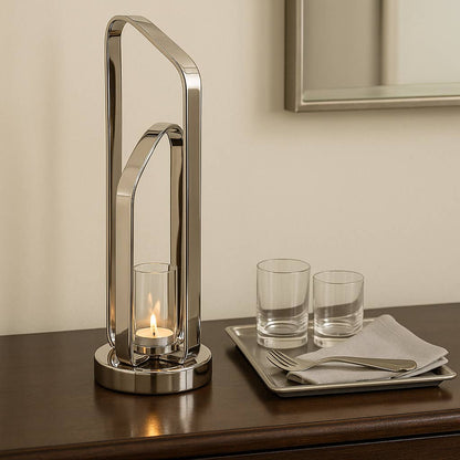 Candle Holder - Silver Metal Stylish Hurricane, 21 in.