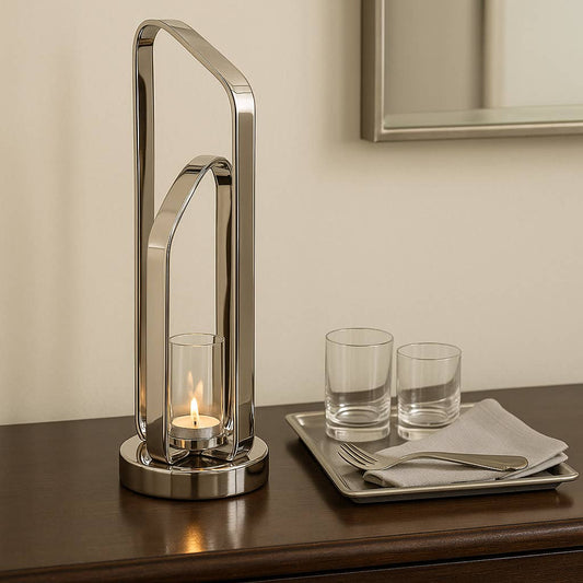 Candle Holder - Silver Metal Stylish Hurricane, 21 in.