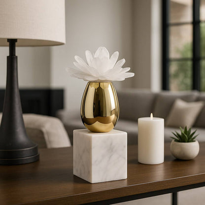 Sculpture - Gold/White Glass Flower On Marble Base, 9 in.