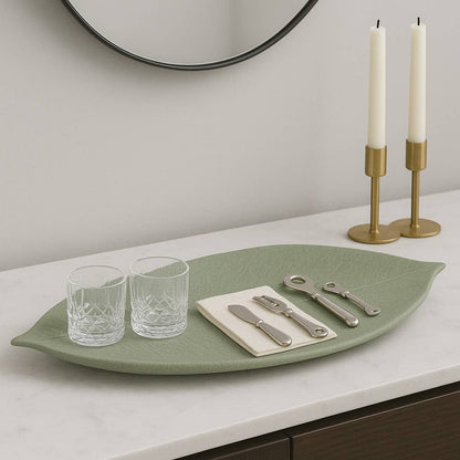 Decorative Tray - Green Quartz Resin Leaf Shape, 20 in.