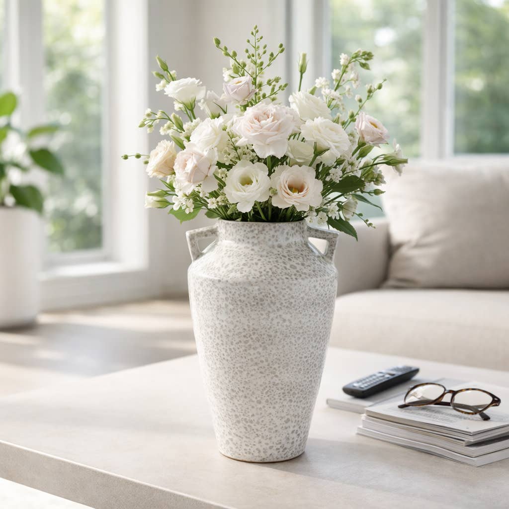 Decorative Vase - White Ceramic Textured Handles, 16 in.