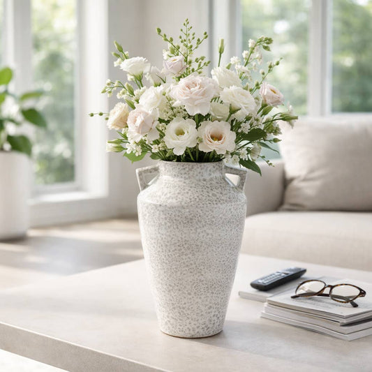 Decorative Vase - White Ceramic Textured Handles, 16 in.