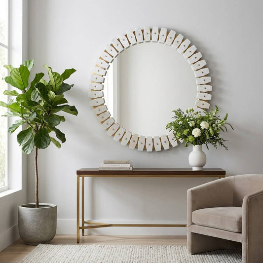 Wall Mirror - White Glass Marble Modern Round, 35x35 in.