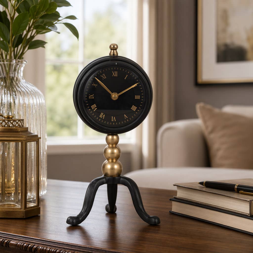 Desk Clock - Gold and Black Metal On Tripod Stand, 10 in.