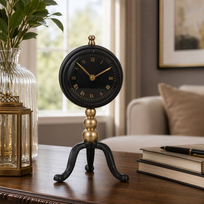 Desk Clock - Gold and Black Metal On Tripod Stand, 10 in.