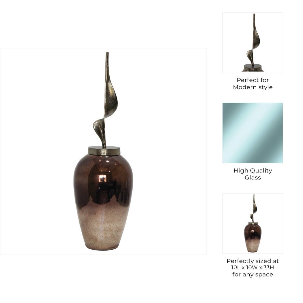 Decorative Vase - Brown Glass Urn with Metal Topper, 33 in.
