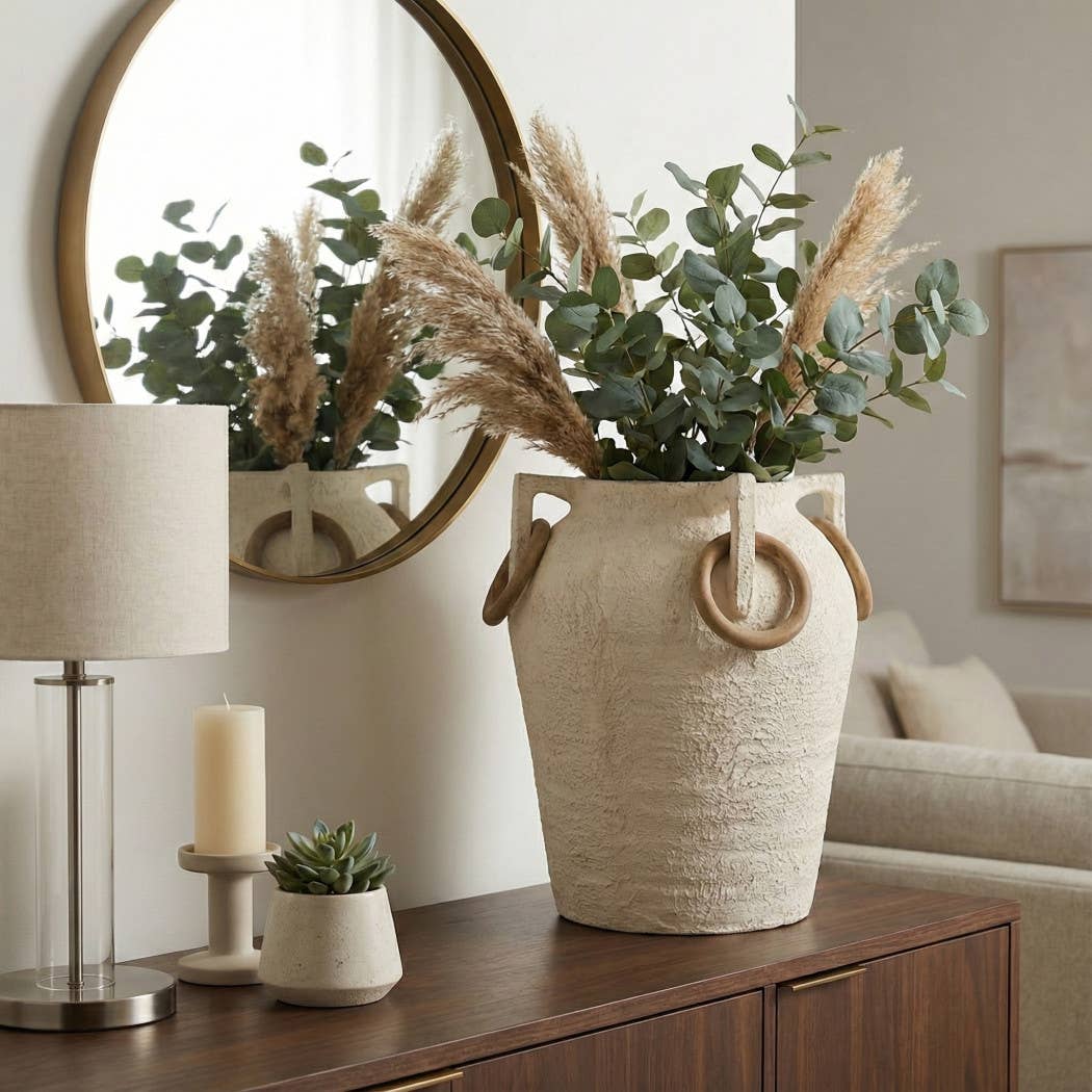 Decorative Vase - Ivory/Tan Pottery Round Small, 19 in.