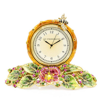 Jay Strongwater Mayfair Leaf and Bee Bumble Bee Crystal Enamel Gold-Finished Table Clock