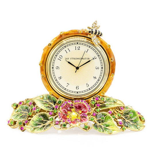 Jay Strongwater Mayfair Leaf and Bee Bumble Bee Crystal Enamel Gold-Finished Table Clock