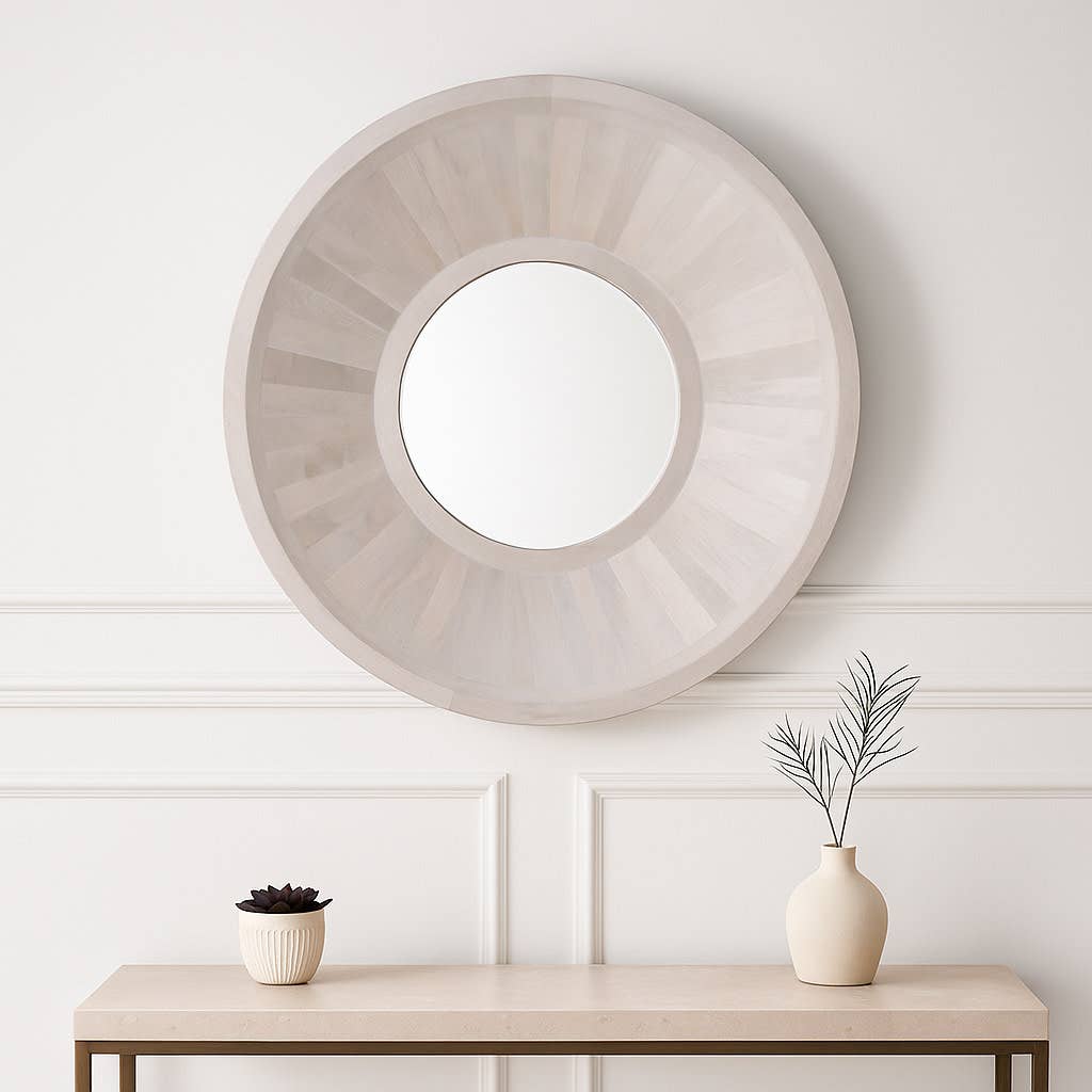 Decorative Wall Mirror - Ivory Wood Minimalist, 36 in.