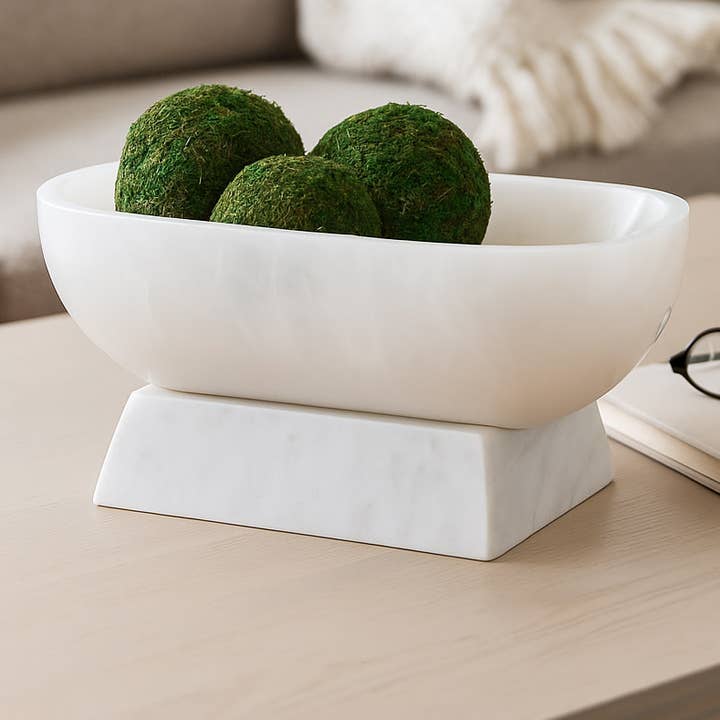 Decorative Bowl - White Marble Alabaster with Base, 12 in.