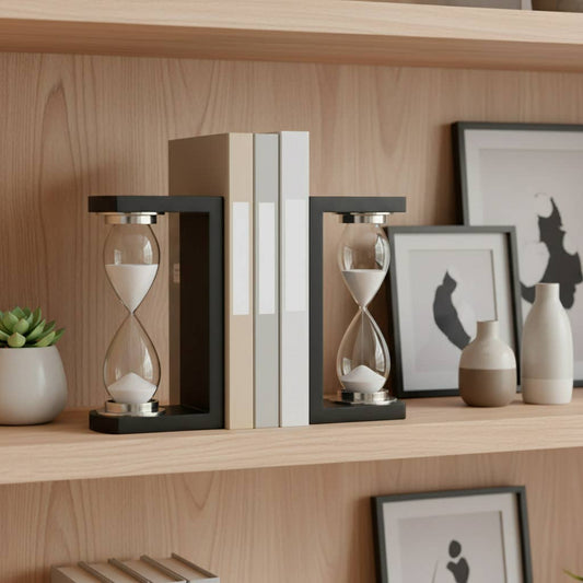 Bookends Set of 2 - Black Wood Glass Hourglass, 10 in.