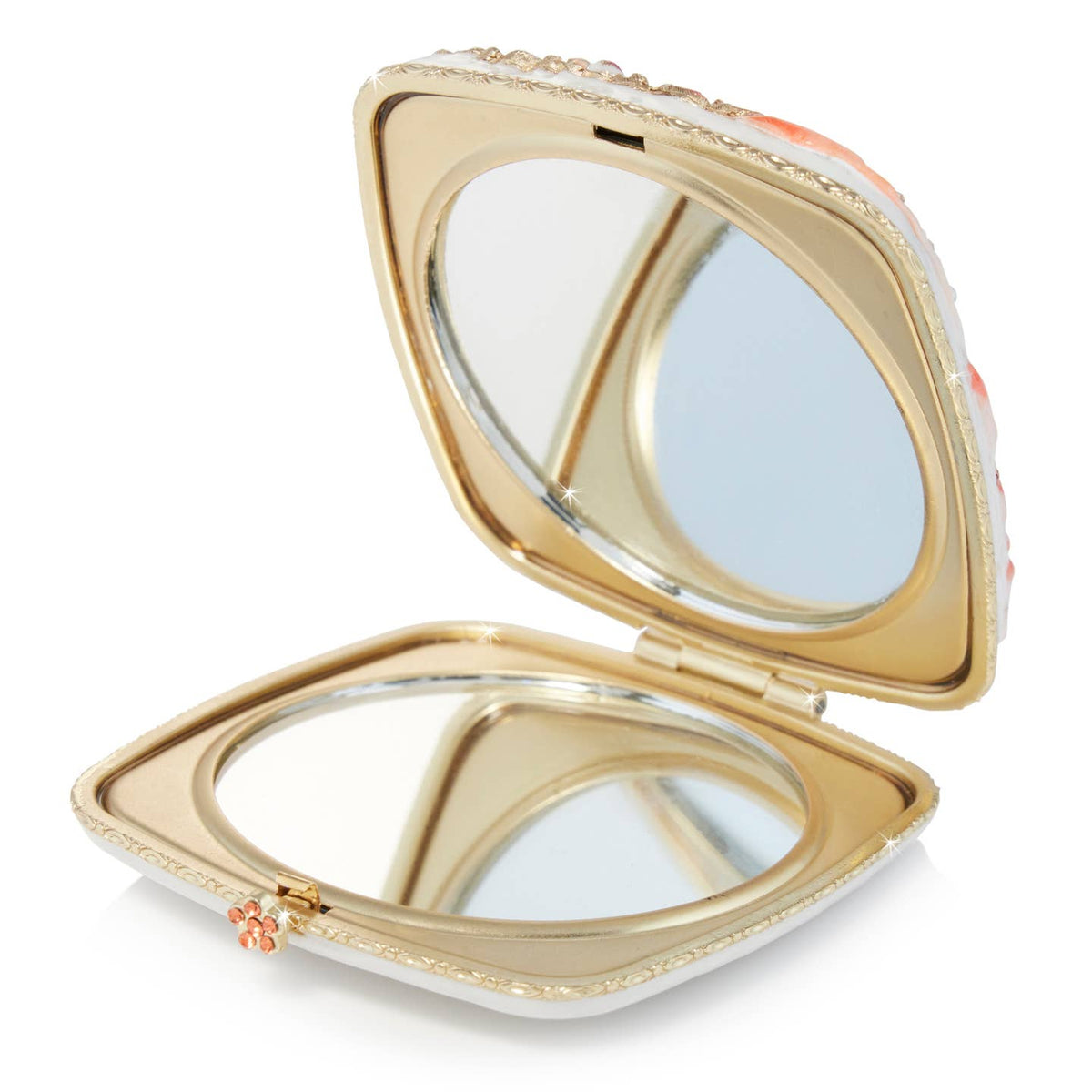 Jay Strongwater Lily Floral Flamingo Compact Mirror, Crystal Enamel Gold-Finished