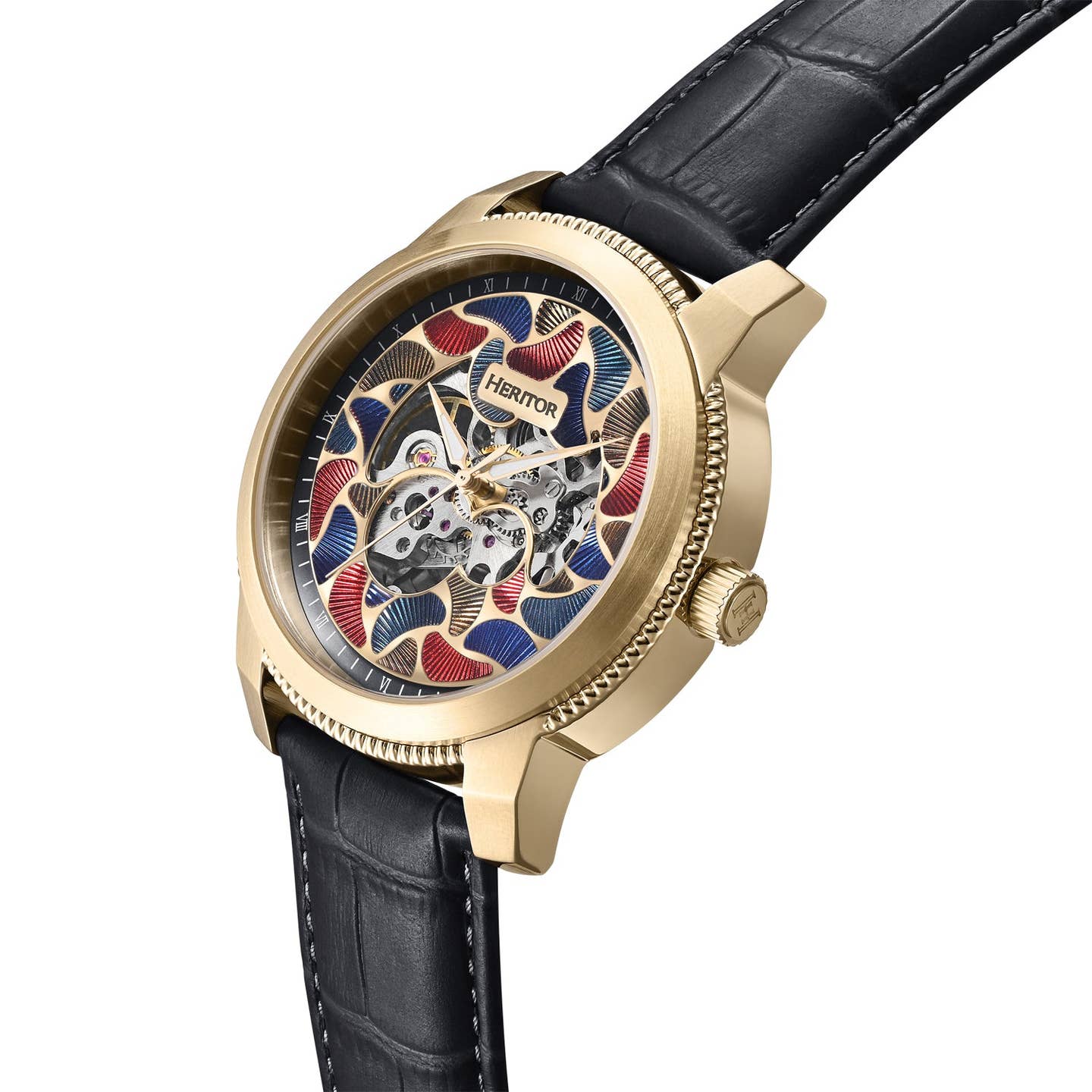 Heritor Emmanuel Men's Automatic Semi-Skeleton Leather Watch, Gold/Black