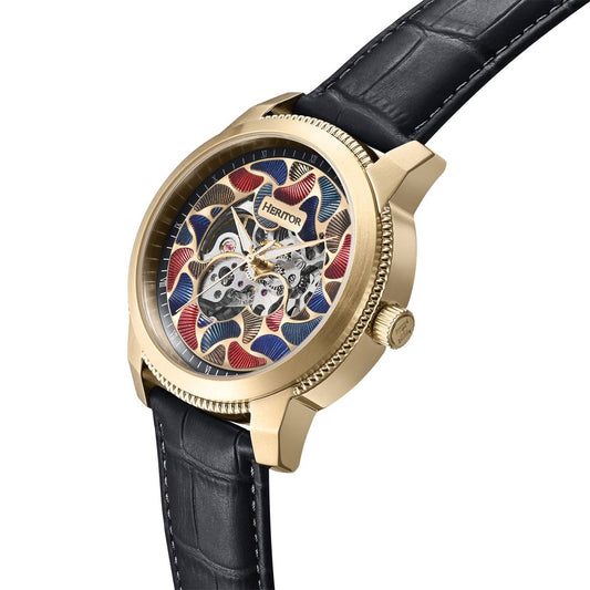 Heritor Emmanuel Men's Automatic Semi-Skeleton Leather Watch, Gold/Black