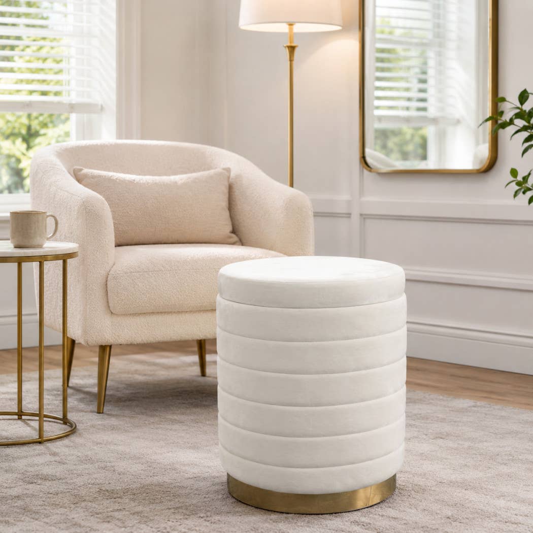 Stool - Cream Velvet Upholstery Backless with Storage, 19 in