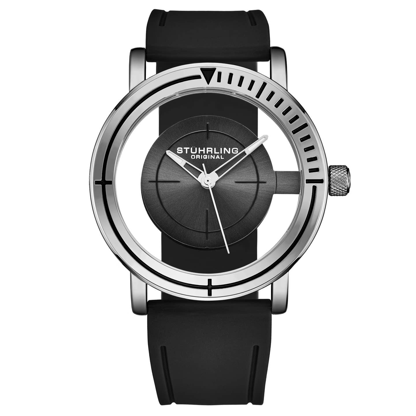 Stuhrling Original Sniper Men's Quartz Aviator Watch, 42mm, Grey Dial, Black Rubber Strap