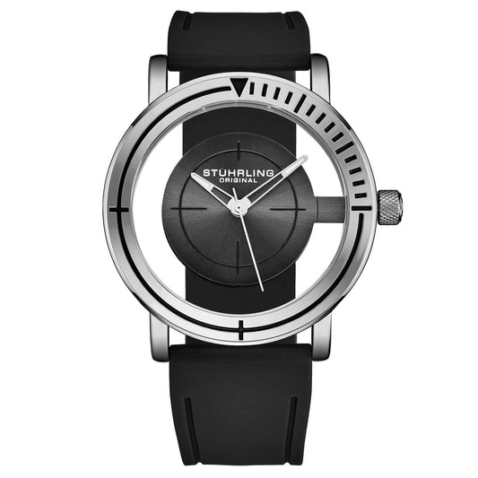 Stuhrling Original Sniper Men's Quartz Aviator Watch, 42mm, Grey Dial, Black Rubber Strap