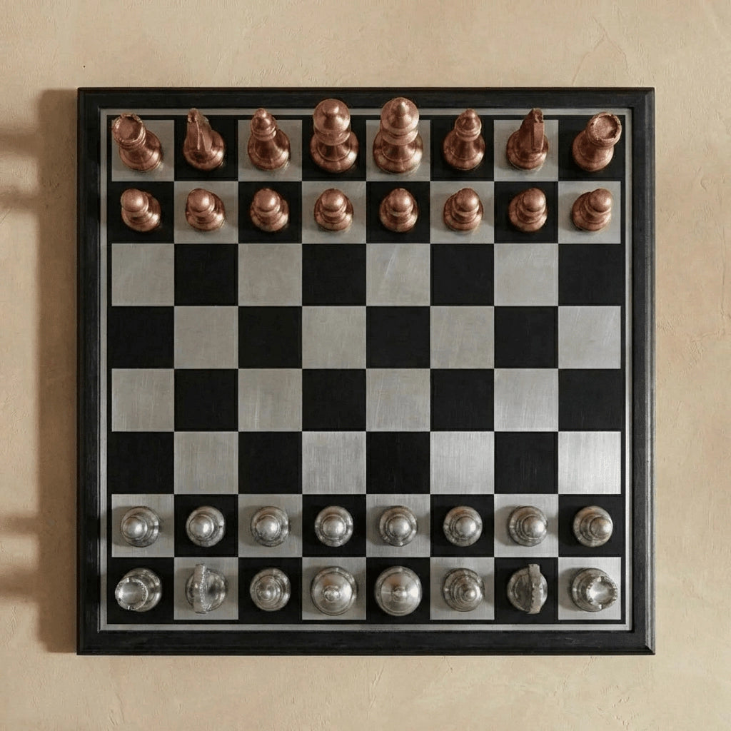 Modern Rustic Metallic Chess Set – Copper and Silver Chess Pieces