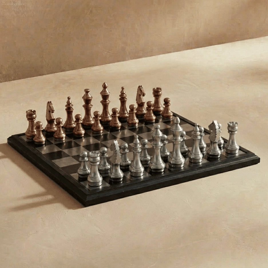 Modern Rustic Metallic Chess Set – Copper and Silver Chess Pieces