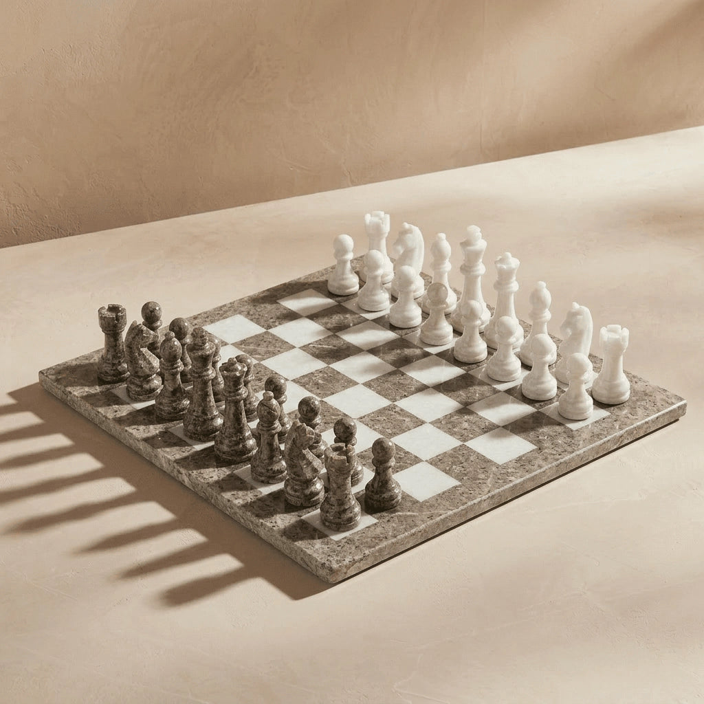Oceanic & White Marble Chess Set with Storage Case – Luxury Handmade Stone Chess Board