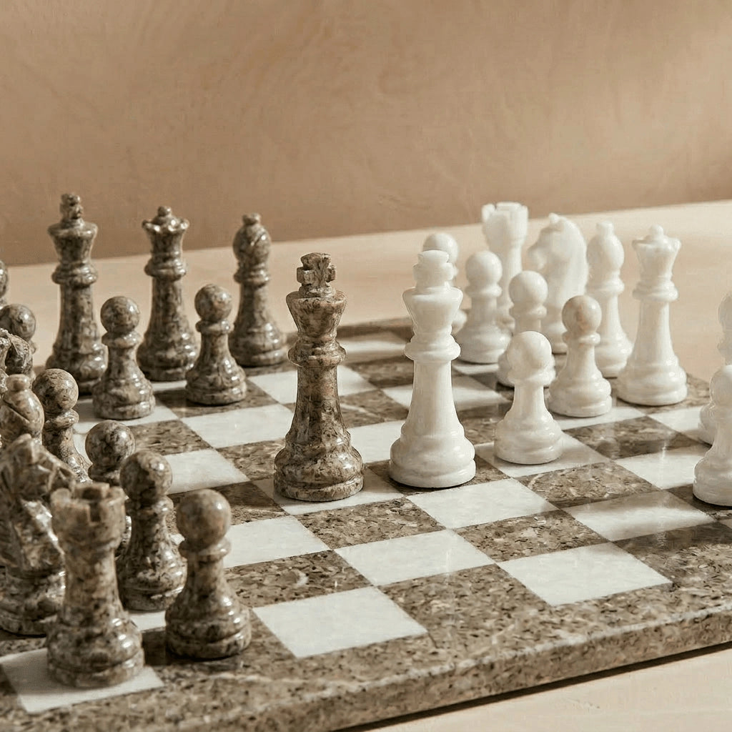 Oceanic & White Marble Chess Set with Storage Case – Luxury Handmade Stone Chess Board