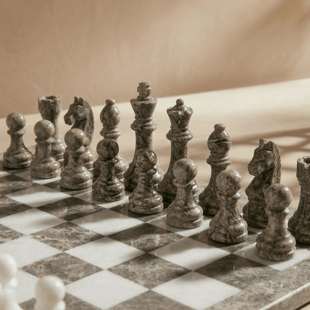 Oceanic & White Marble Chess Set with Storage Case – Luxury Handmade Stone Chess Board