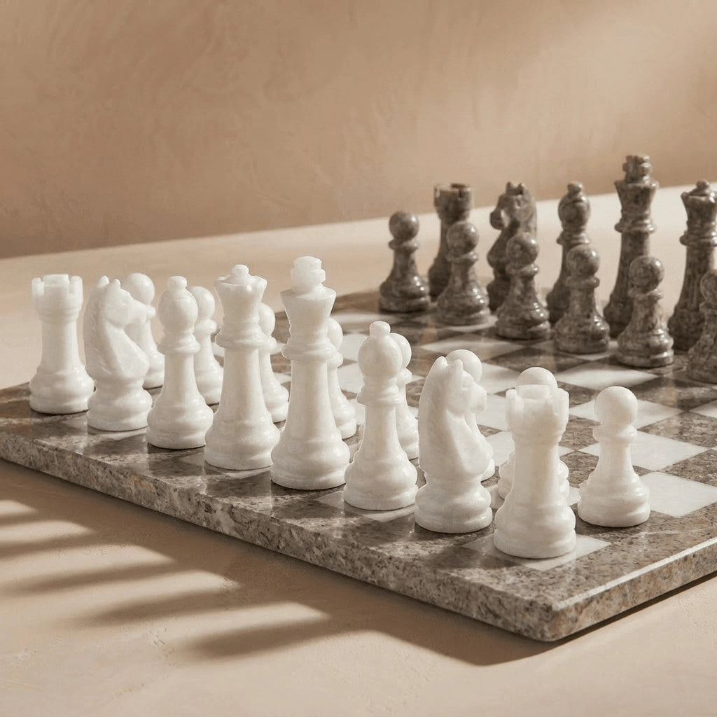 Oceanic & White Marble Chess Set with Storage Case – Luxury Handmade Stone Chess Board