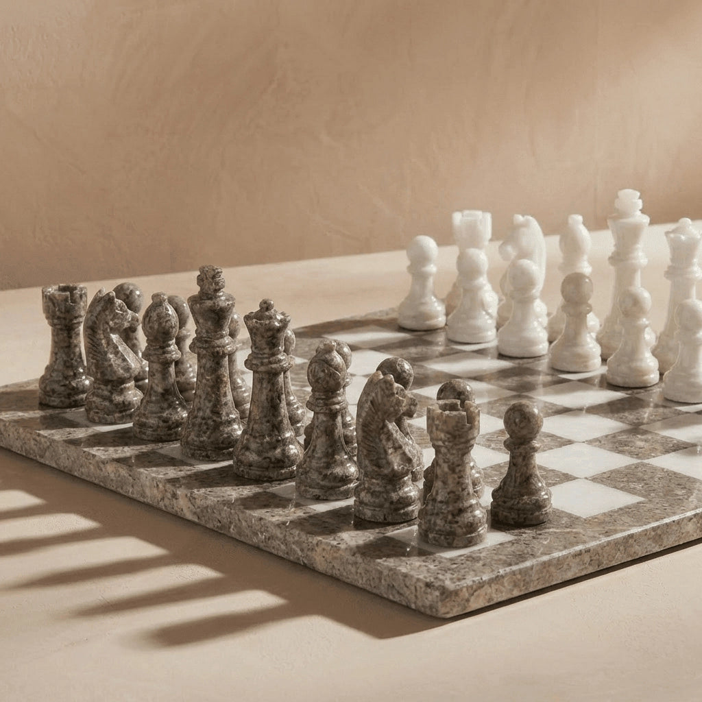 Oceanic & White Marble Chess Set with Storage Case – Luxury Handmade Stone Chess Board
