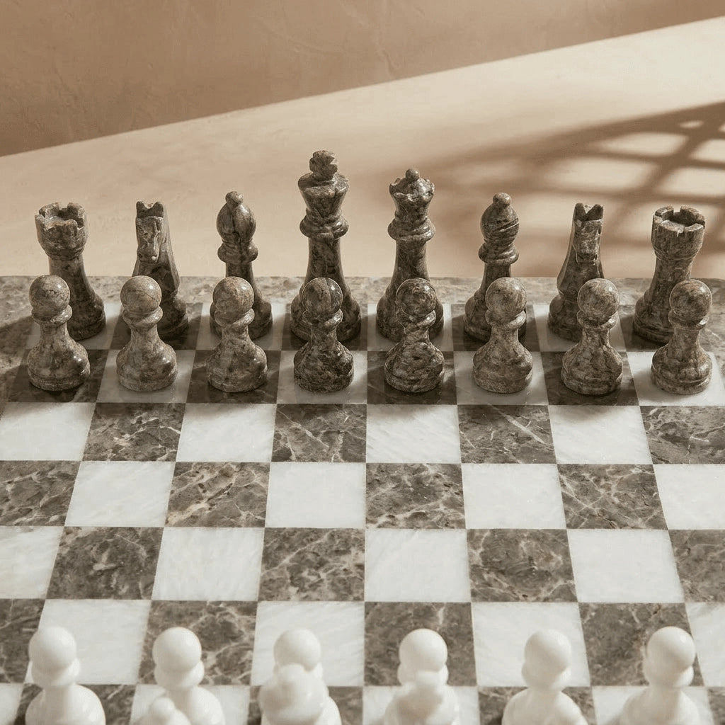 Oceanic & White Marble Chess Set with Storage Case – Luxury Handmade Stone Chess Board