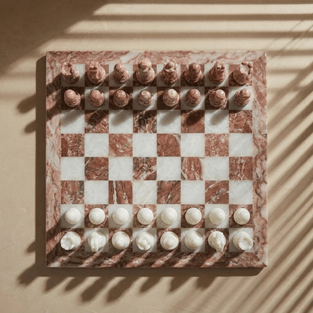 Pink & White Marble Chess Set with Storage Case