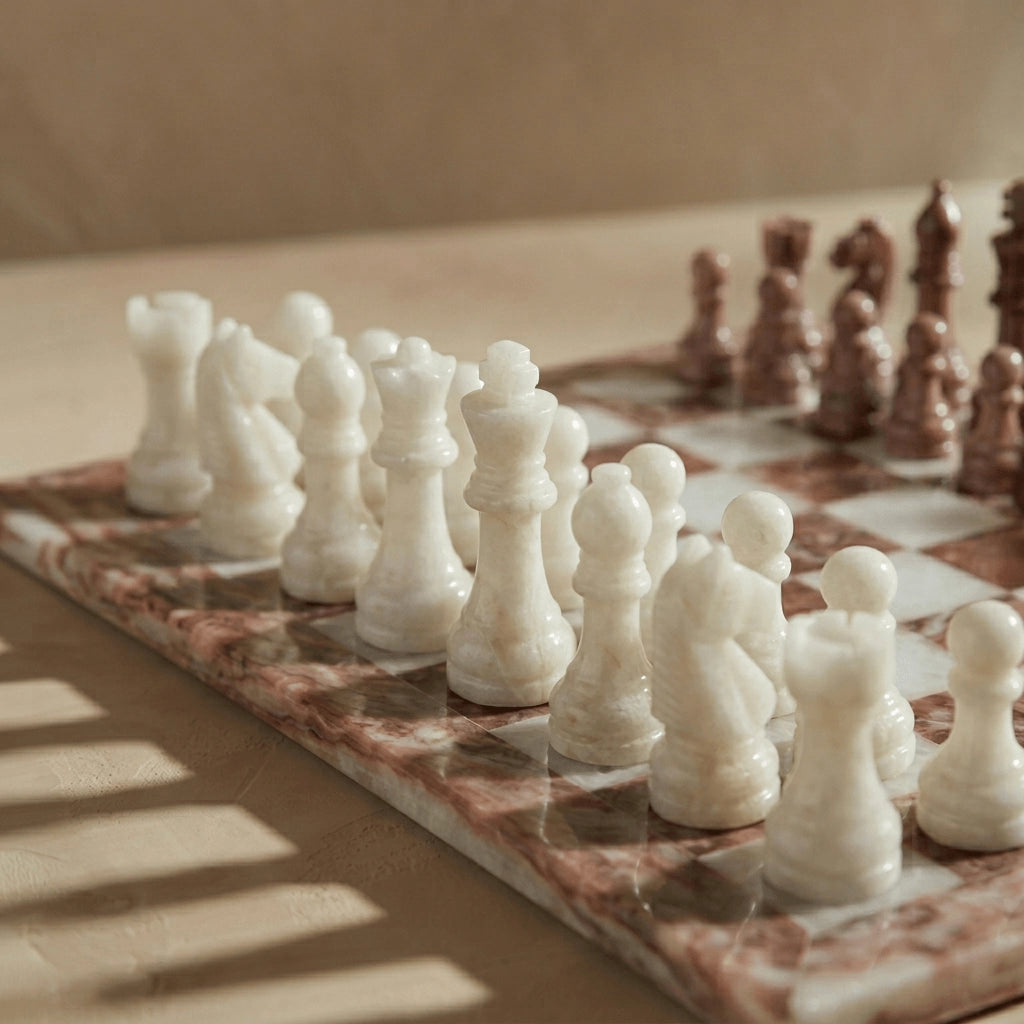 Pink & White Marble Chess Set with Storage Case