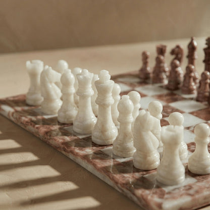 Pink & White Marble Chess Set with Storage Case