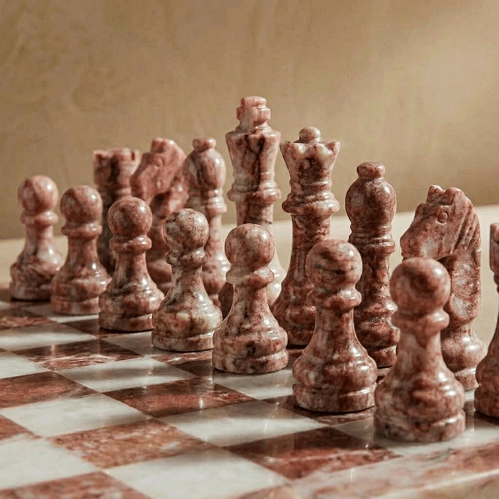 Pink & White Marble Chess Set with Storage Case