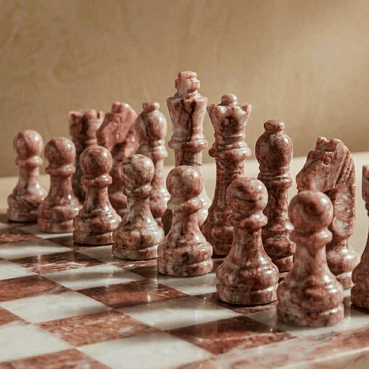 Pink & White Marble Chess Set with Storage Case