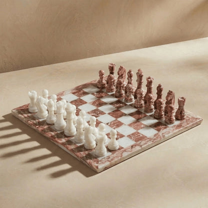 Pink & White Marble Chess Set with Storage Case