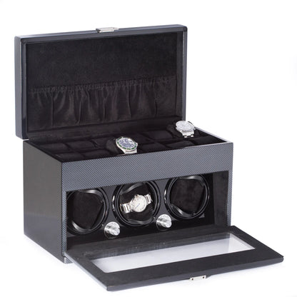 Bey-Berk President 3-Watch Winder & 12-Watch Storage Case – Carbon Fiber Steel Gray