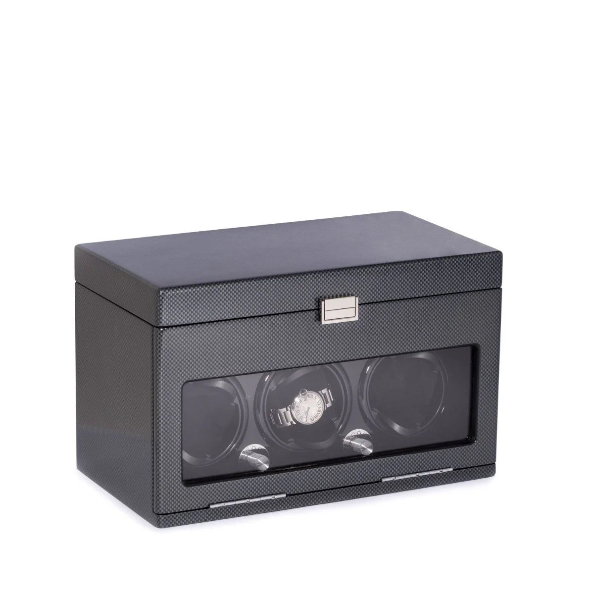 Bey-Berk President 3-Watch Winder & 12-Watch Storage Case – Carbon Fiber Steel Gray