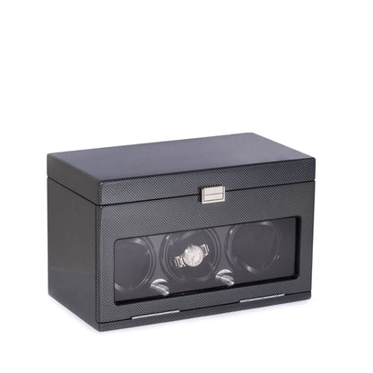 Bey-Berk President 3-Watch Winder & 12-Watch Storage Case – Carbon Fiber Steel Gray