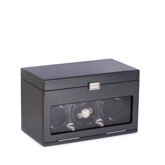 Bey-Berk President 3-Watch Winder & 12-Watch Storage Case – Carbon Fiber Steel Gray