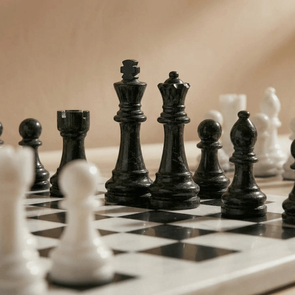 White & Black Marble Chess Set with Storage Case – Luxury Handmade Stone Chess Board