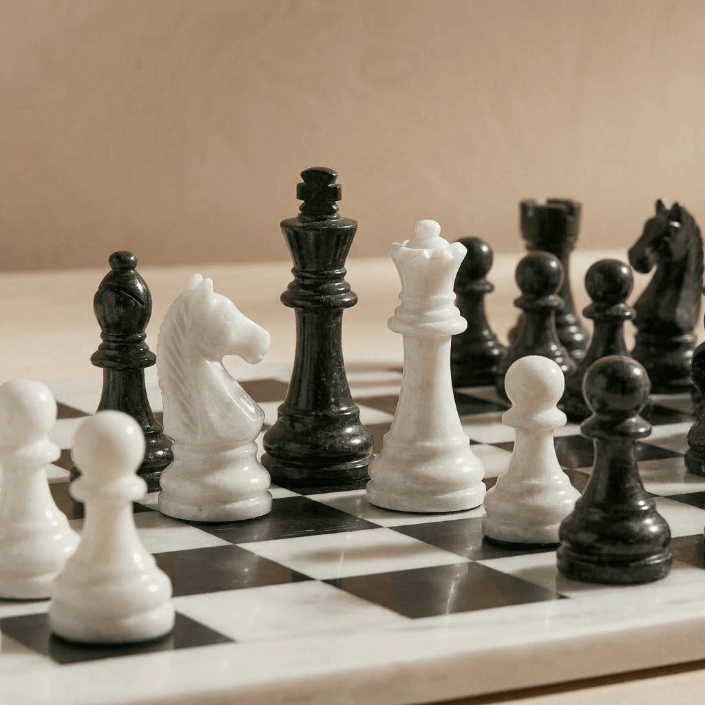 White & Black Marble Chess Set with Storage Case – Luxury Handmade Stone Chess Board
