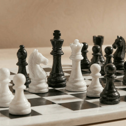 White & Black Marble Chess Set with Storage Case – Luxury Handmade Stone Chess Board