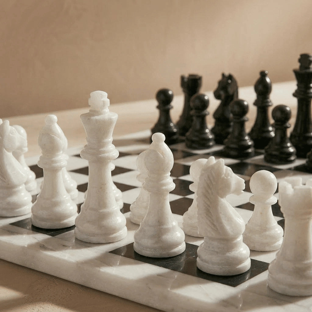 White & Black Marble Chess Set with Storage Case – Luxury Handmade Stone Chess Board