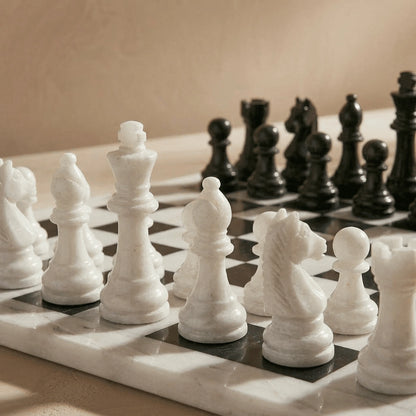 White & Black Marble Chess Set with Storage Case – Luxury Handmade Stone Chess Board