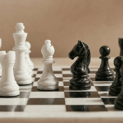 White & Black Marble Chess Set with Storage Case – Luxury Handmade Stone Chess Board